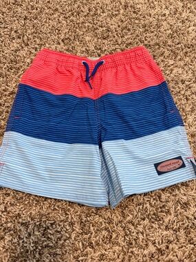 Vineyard Vines Coral, Navy & Light Blue Stripe Swim Shorts
